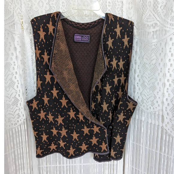 susan summa Sweaters - Summa Design Vintage Retro 90s Brown and Tan Star Sweater Vest Women's Size L/XL